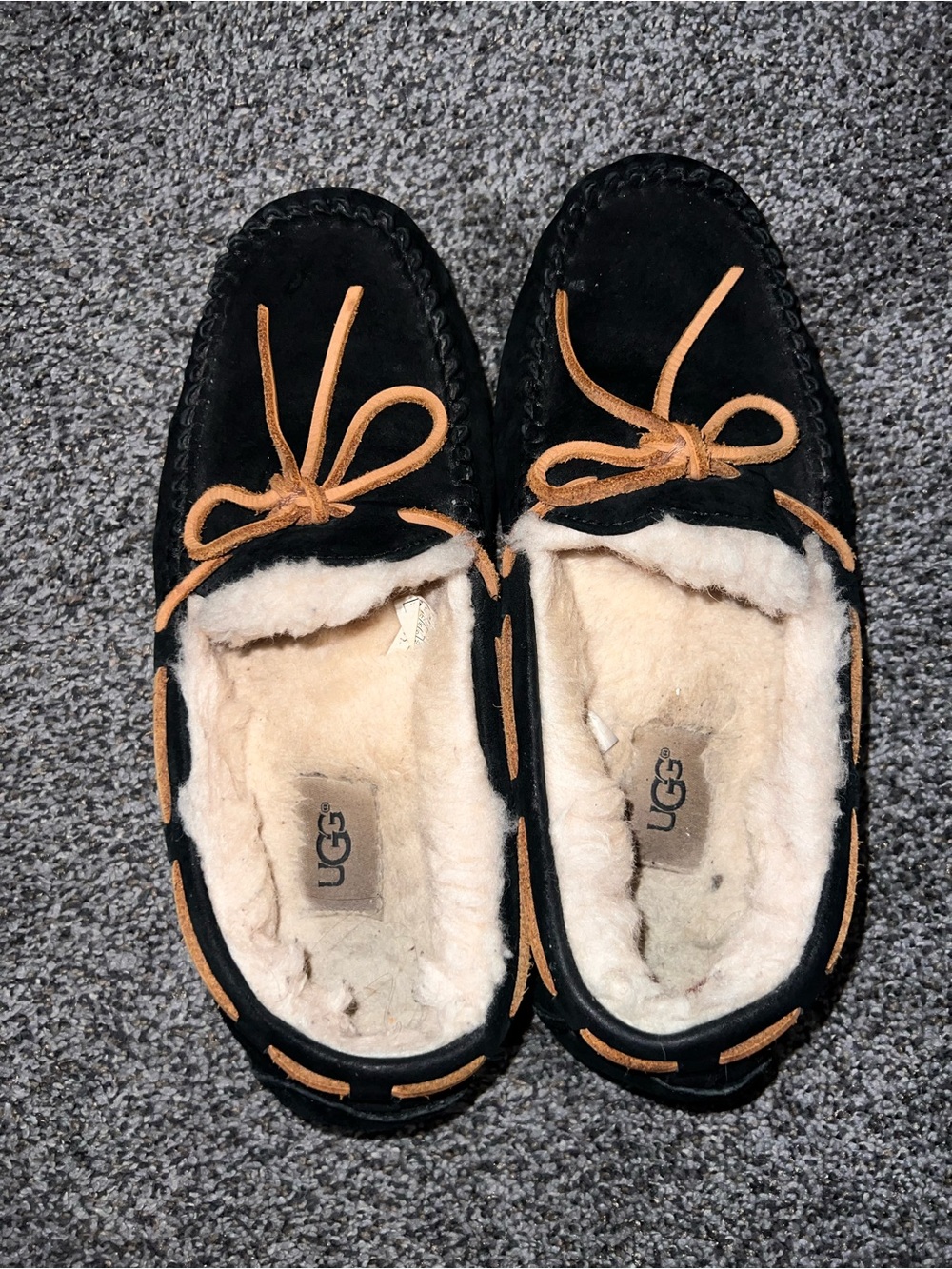 UGG Black Suede Moccasins with Tan Laces and Shearling